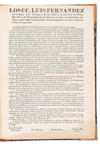(MEXICO.) Documents on the reconstitution of the state of Oaxaca and the rise of Benito Juárez to power.